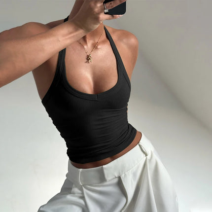 Hugcitar 2025 Summer Ribbed Halter Backless Solid Sexy Crop Tank Top Casual Y2K Women Clothes Beach Vacation Streetwear Yoga