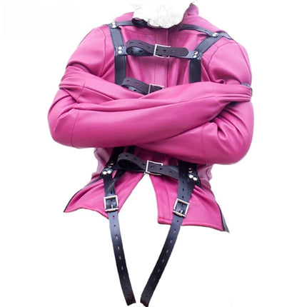 Luxury BDSM Long Sleeve Open Crotch Straitjacket with Full Face Bondage Hood Harness Adult Costume for Fetish Party Sex Toys