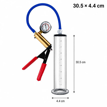 Male Vacuum Pump Sex Toy with Clear Measuring Cylinder Blue Hose Red Handle Gauge and Man Masturbation Training Device