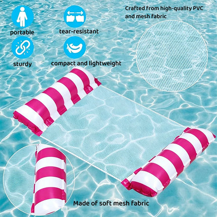 Striped Inflatable Water Hammock Float, Multi-Purpose Mesh Pool Lounger, Foldable Floating Bed, Beach and Summer Water Party Use