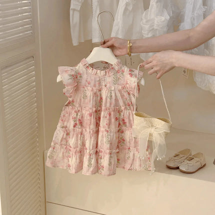 Summer Floral Print Lace Flutter Sleeve Layered Baby Girl Princess Dress Cute Flower Girl Dress With Bag
