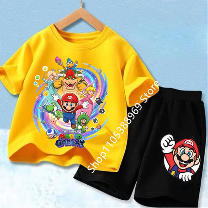 High Quality Kids 2Pcs Set Marios Cartoon Short Sleeve T-Shirt + Elastic Waist Shorts Comfortable Summer Children Clothing Suits
