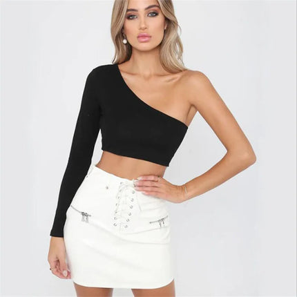 2024 Summer Europe and the United States Sexy Women's Diagonal Shoulder Long Sleeve Crop Slim Comfortable Top
