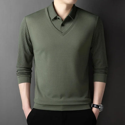 Men's Casual Fashion Long Sleeve Solid Color Polo Shirt 2025 Business Versatile Top All Season Fake Two-Piece
