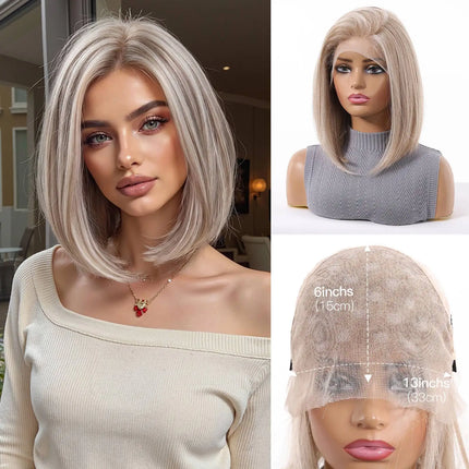 13x6 HD Transparent Lace Front Bob Wig 12" Short Straight Highlight Brown Blonde Synthetic Wigs for Women Glueless Pre Plucked