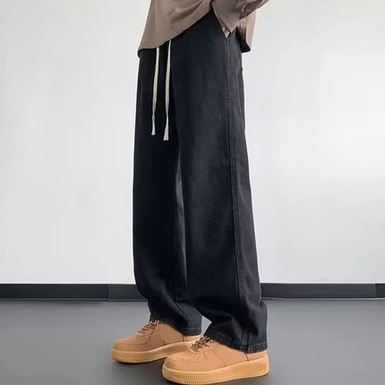Men Elastic Drawstring Wide Leg Jeans Loose Straight High Waist Baggy Denim Pants Streetwear Hip Hop Trousers Spring