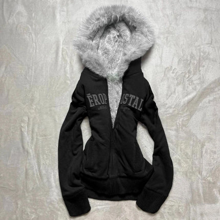 Y2K Retro Fur Collar Zipper  Hoodie Sweatshirts Women Kawaii Letter Graphic Print Tops Jacket Harajuku Gothic Sexy Slim Clothes