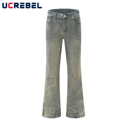 Double Knee Denim Flare Pants Mens Retro High Street Spring Loose Pocket Washed Distressed Carpenter Jeans Men