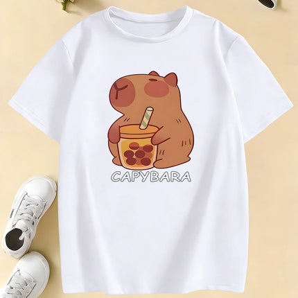 Girls' Trendy Capybara Letter Print Design T Shirts Kids Children's T-shirt Boys Girls Summer Spring Casual Top Tee