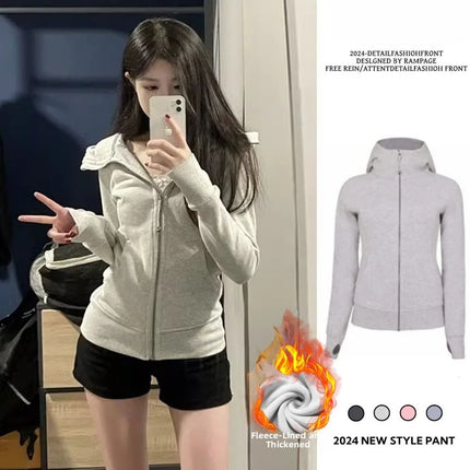 Slim Fit Pure Color Cotton Hoodie Jaet Women's Spring Autumn Zipper Cardigan Waist Cinching Sweatirt Korean Sle Top