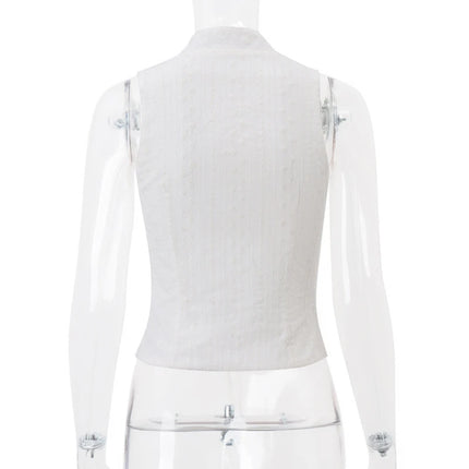 Lamuusaa y2k Tank Top Women Summer Clothes White Flower Embroidery Mock Neck Front Cutout Sleeveless T Shirt Vest Streetwear