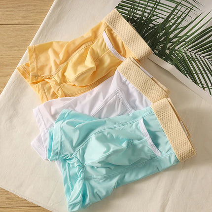 Summer Men's Boxers Underwear with Open Pockets Ultra-thin Breathable Ice Silk Panties Sports Quick Dry Cool Slim Home Shorts