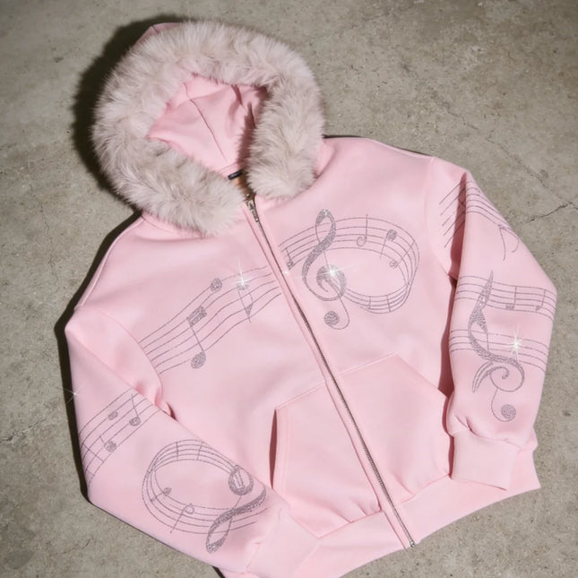 Women's Casual Daily Outerwear Pink Embellished Music Score Print Faux Fur Trim Hooded Full Zip Sweatshirt 2026