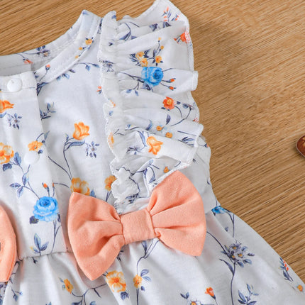 Baby clothing, Baby girl Dress Round Neck Ruffled Bow Casual Dress+Hat Set suitable for Female Babies aged 0-9 Months