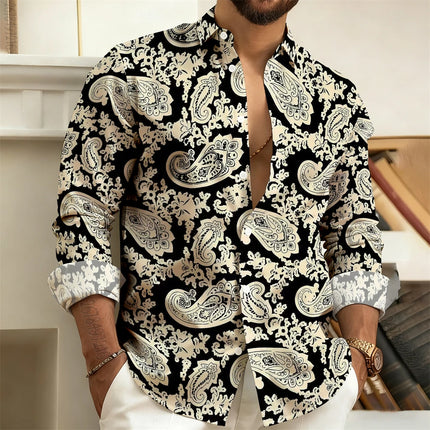 2026 New Men's Long-Sleeved Shirt with Paisley Cashew Pattern Print, Vintage, Comfortable, and Stylish Casual Men's Lapel Top