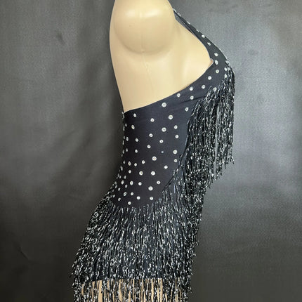 Sparkly Rhinestones Fringe Bodysuit Women Nightclub Party Dance Costume Stage Wear Sexy Tassel Leotard Performance Clothing 7G