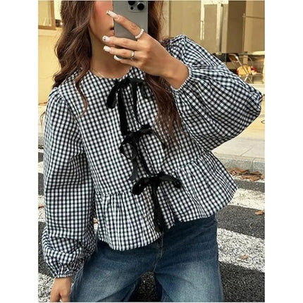 2025 Plus Size Black White Plaid Shirt: Bow Long Sleeve Blouse with Elegant & Breathable Fabric for Office Casual Chic Style