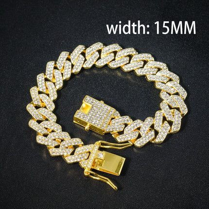 HipHop Men Women 13MM Prong Cuban Link Chain Bracelet Bling Iced Out 2 Row Rhinestone Paved Miami Rhombus Cuban Chain Jewelry