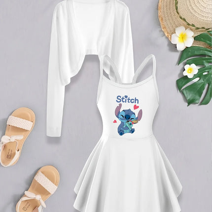 Official Disney Stitch Girls School Set Cute Cartoon Cami Sleeveless Dress with Cardigan 2Pcs Fashion Soft Outfits Gift