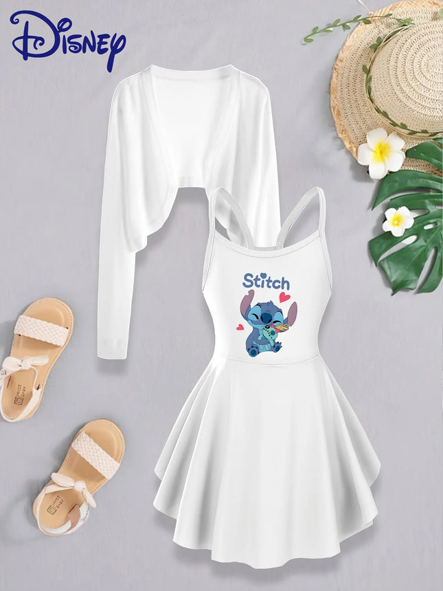 Official Disney Stitch Girls' School Set, Cute Cartoon Cami Sleeveless Dress with Cardigan, 2-Piece Fashion Soft Outfits Gift