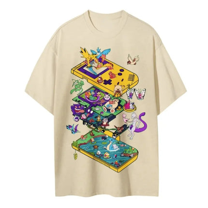 2026 Summer Pokemon Retro Game Console Cartoon Print T-Shirt, 100% Cotton Loose Couple & Family Tee for Travel Game & Sports
