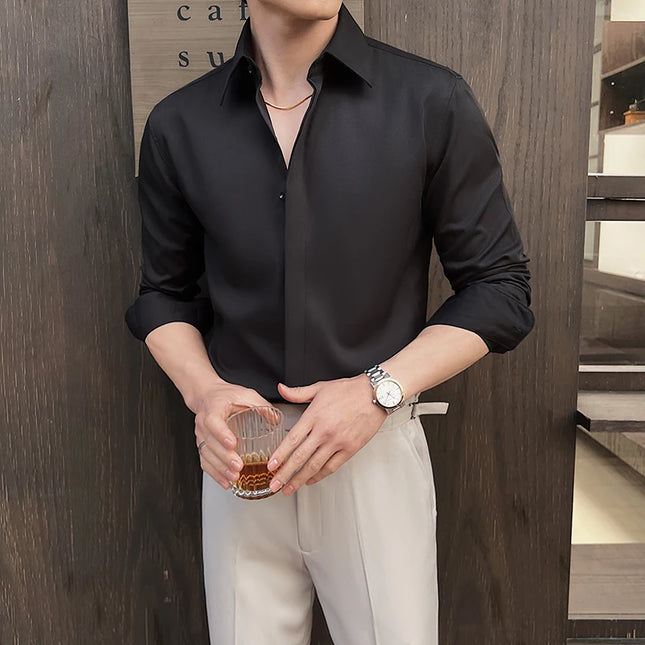 Men's White Long-Sleeve Dress Shirt - Slim Comfortable Fabric. Ideal for Formal Events & Everyday Wear. Classic & Modern Design
