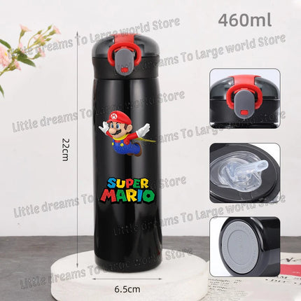 Super Marios Bros 460ml Thermal Cup Men Women Anime Black Straw Bottle Bouncing Lid Portable 304 Stainless Steel Thermo Bottles