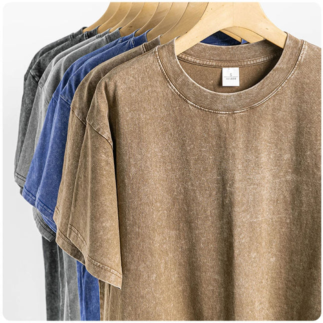 Washed And Distressed 230g Heavyweight Cotton Short Sleeved T-shirt Versatile Men Women Summer Solid Color Loose T Shirts Top