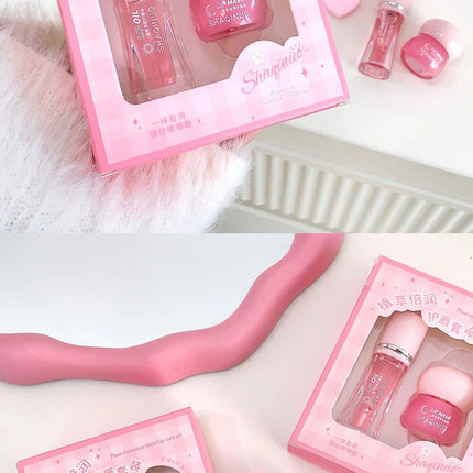 Strawberry Lip Balm & Lip Oil Set Clear Glass Moisturizing Lightweight Hydrating Jelly Day & Night Lip Mask Set Makeup Lips Care