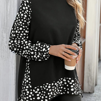 Plus Size Polka Dot Top with Panel Design Elegant Black Long Sleeve Blouse for Vacation Chic and Versatile Casual Wear
