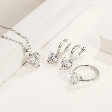 Fine 925 Sterling Silver Jewelry Gift Sets for Women Female Romantic Heart Zircon Huggie Earrings Pendant Necklace Ring