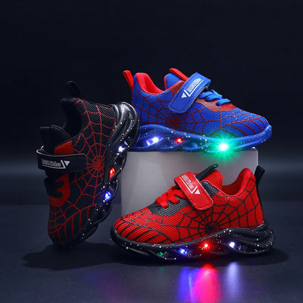 Spring Autumn Boys Spiderman Mesh Breathable Sport Shoes Disney LED Children's Sneakers Kids Casual Shoes Light Shoes for 0-6Y