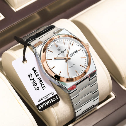 POEDAGAR Luxury Watches For Men Stainless Steel Waterproof Luminous Men's Watch Date Week Fashion Casual Men's Quartz Watch Reloj