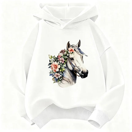 Fashion Horse with Flower Design Hoodie Kids Kawaii Children's Sweatshirt Hoody for Boys Girls Casual Hoodies Hip Hop Clothes