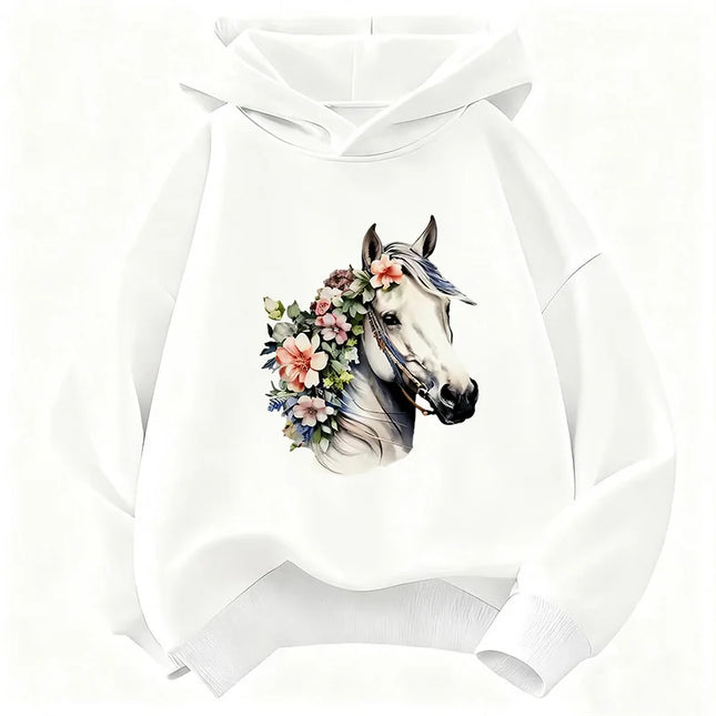 Fashion Horse with Flower Design Hoodie Kids Kawaii Children's Sweatshirt Hoody for Boys Girls Casual Hoodies Hip Hop Clothes