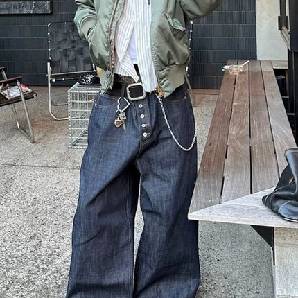 MIJKO High Street Cleanfit Drak Blue Jeans for Men and Women Straight Vintage Casual Denim Trousers ZJ089