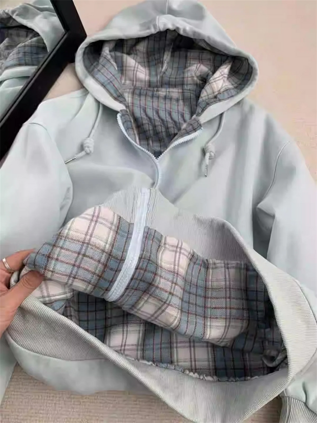 New Grid Splicing Hooded Hoodie Spring And Autumn Dressing Up Collection Casual Fashion Trends Versatile Laziness Feeling