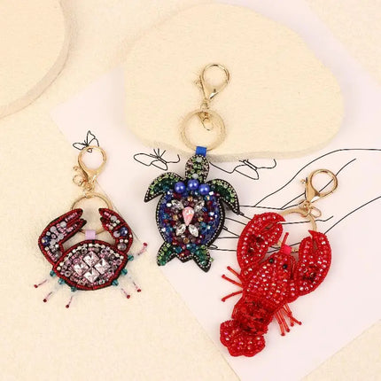 Rhinestone Lobster Beaded Keychain Pretty Hand Sewn Bag Charms Crab Shells Turtle Hanging Rope Patches Applique Bag Lanyard