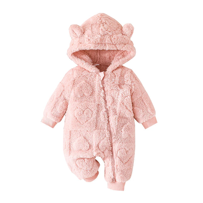 Pudcoco Baby Girls Winter Romper Solid Color Plush Hooded Long Sleeve Jumpsuits for Newborn Infant Toddler Fashion Clothes