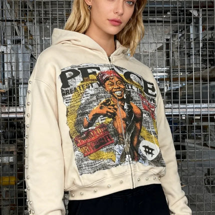 Y2K Aesthetic Pattern Print Hoodie Vintage Punk Gothic Couple Pearl Graffiti 2000s Streetwear