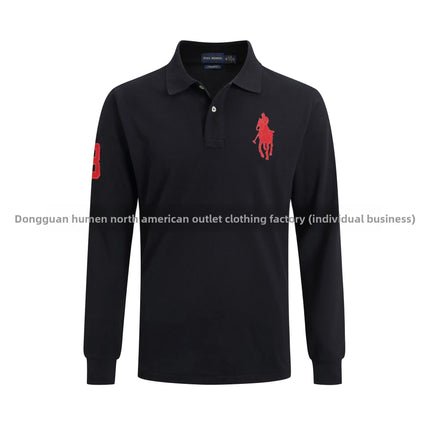 Long Sleeve Pure Cotton Polo Shirt Men's Embroidered Polo Neck T-Shirt Casual Spring Autumn British Style Loose Fit Solid Color