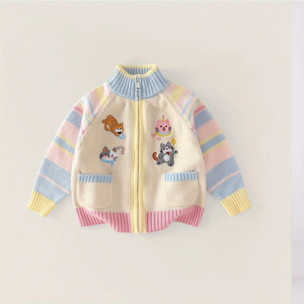 Children's Knitted Cardigan Zipper Jacket Cartoon Style Embroidered Jacket Girls Spring and Autumn New Sweater Spring Versatile