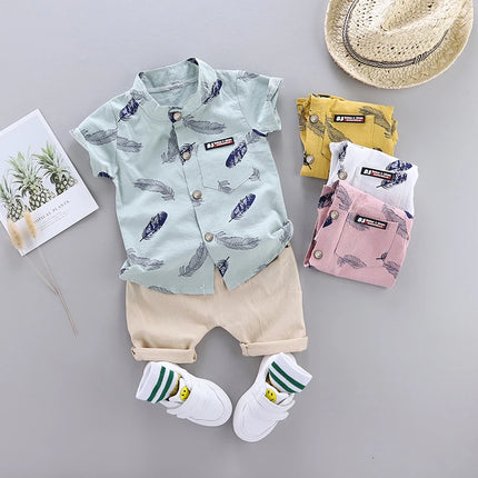 0-3 year old baby summer feather printed shirt short sleeved shorts set with fashionable cartoon random printing 2-piece set wit