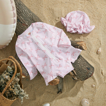MISOWMNJOY Princess Baby Girl Swimwear Long Sleeve Rash Guard Beach Swimsuit Bow/Cherry Print Toddler Bathing Suit with Sun Hat
