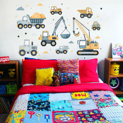 Cartoon Excavator Vehicles Set Car Wall Sticker Playroom Building Construction Crane Truck Wall Decal for Baby Room Decoration
