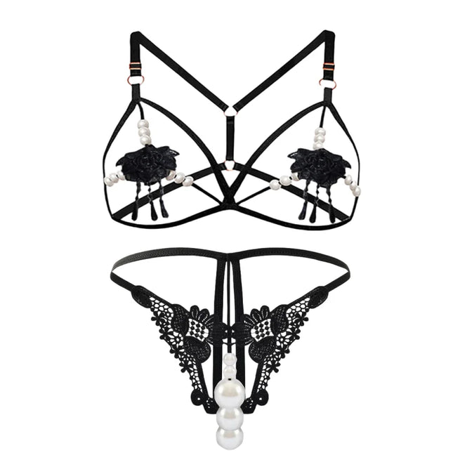 2 Piece Lace Stitching Bra Panties Adult Sexy G-string Underwear Set Open Perspective Embroidered Erotic Bra Porn Daring Briefs