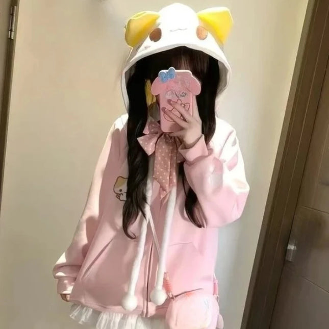 Sweet Kawaii Cartoon Pure Color Loose Zip Up Hoodie Women 2000s Y2k Autumn Winter Japanese Hooded Sweatshirt Lolita Coat Chic
