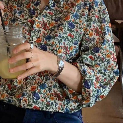 Design Sensation Women's Long Sleeve Floral Print Shirt Early Autumn Casual Wear Collar Button Detail Loose Fit Top