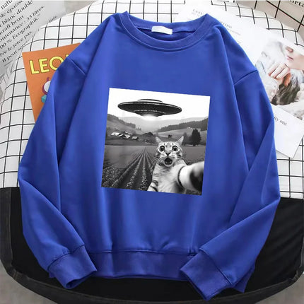2026 Retro UFO and Cat Pattern Print Hoodies Streetwear Fleece Sweatshirt Soft O-Neck Pullover Casual Female Clothes