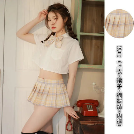Sexy Pleated Skirt Lingerie Set Women's Passionate JK Uniform Cute Student Short Skirt Roleplay Costume Polyester Fabric